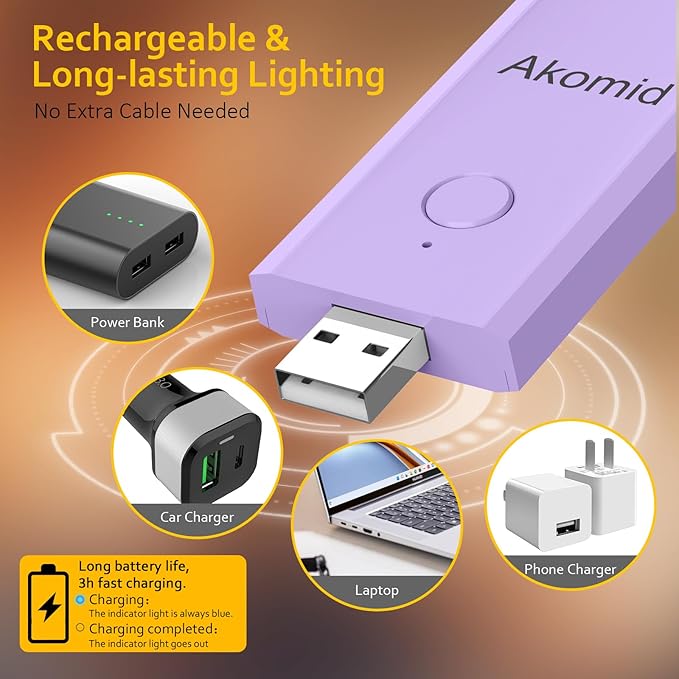 Akomid USB Rechargeable Book Light for Reading in Bed, 8 LEDs Bookmark Style Clip on, Eye-Cared Amber Light Mode for Kids, Blue Light Blocking, Stepless Dimming, Purple