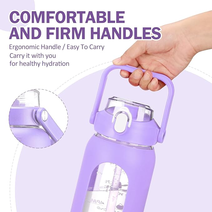 56oz Glass Water Bottles with Straw, Motivational Glass Bottle with Silicone Sleeve and Time Marker, Leakproof Large Glass Water Jug for Gym Home Office,Purple