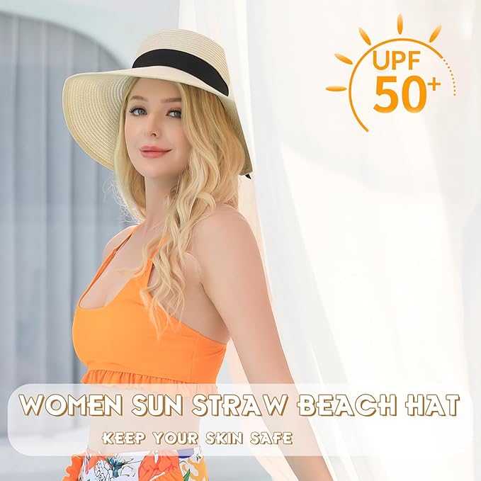 Beach Hat for Women, Wide Brim Sun Straw Hats for Women, Sun Hat Womens UPF 50+ UV Protection, Floppy Foldable Summer Hats