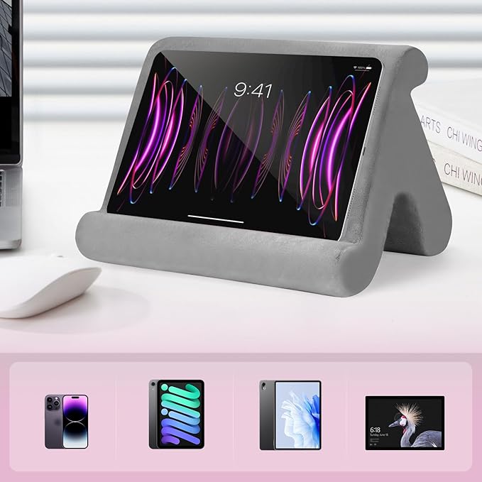 Universal Multi-Angle Tablet Stand Holder-Soft Pad Stand with black phone holder for Lap,Knee,Sofa and Bed,Compatible with iPad Pro 9.7,10.5,12.9 Air Mini 4 3,Kindle,Galaxy Tab,E-Reader (Grey)