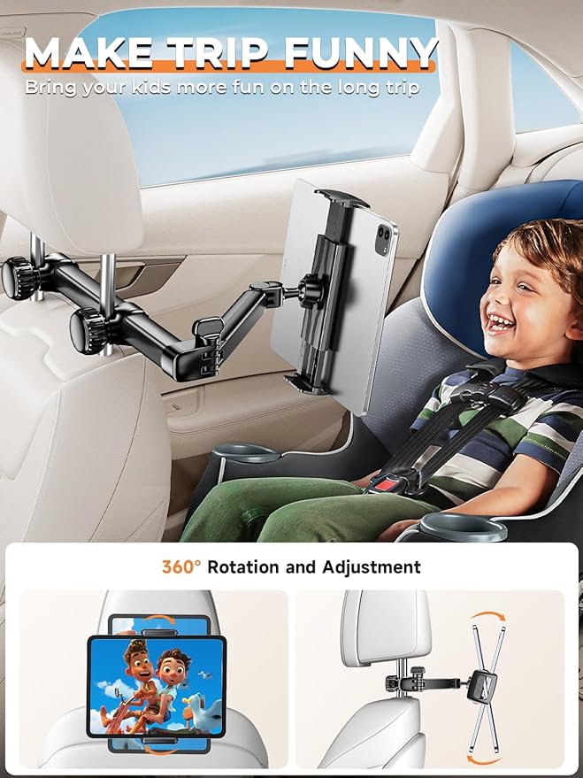 Tryone Headrest Tablet Holder for Car Accessories : [18.11-inch Long Arm] 3-in-1 Backseat Tablet Holder for Kids Road Trip Compatible with iPad Switch Smartphones & Tablets or Other 4.7-13" Devices