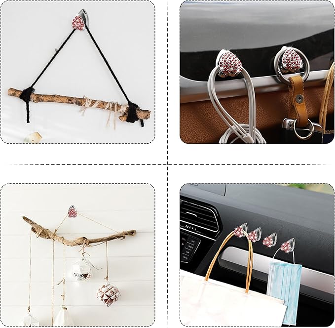 TOMALL Bling Car Hooks 4pcs Heart Shape Accessories Cute Dashboard Hook for Keys Charging Cable Multifunctional Hanging Storage Hook Universal Diamond Accessories for Car for Home DIY Decoration(Red)
