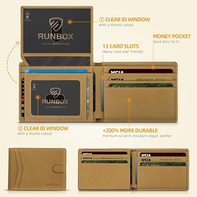 RUNBOX Wallet for Men -Slim Rfid Leather Mens Bifold Novelty Wallets 2 ID Window With Gift Box Men's Accessories | Slim