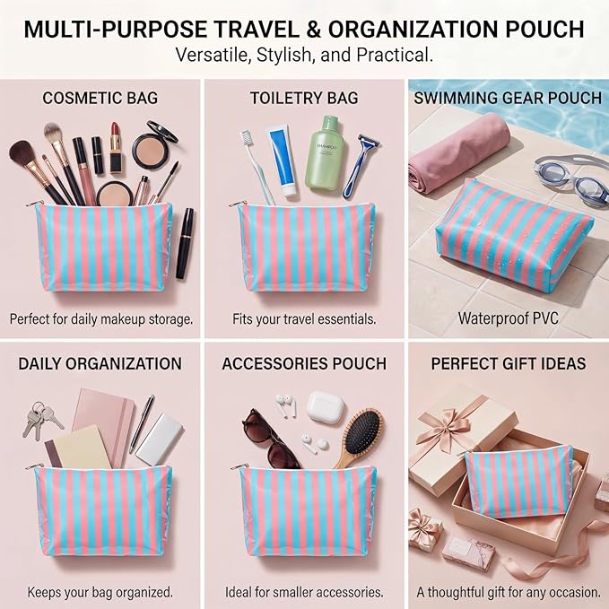 Large PVC Waterproof Striped Makeup Bag,Clear Coated Cosmetic Bags,Easy to Clean,Travel Organizer Zipper Pouch Beach Vacation Essentials for Women Girls(12Pink Blue)