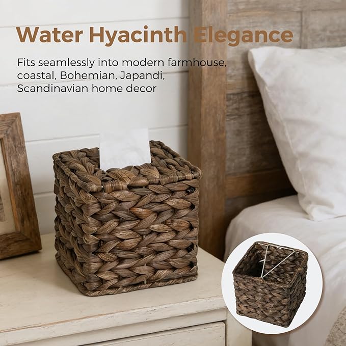 2 Pack Tissue Box Cover, Square Wicker Tissue Box Holder Facial Tissues Boxes, Hand Woven Napkin Box Tissue Holder for Bathroom Bedroom Office Table Desk Night Stand, Boho Decorative, Brown