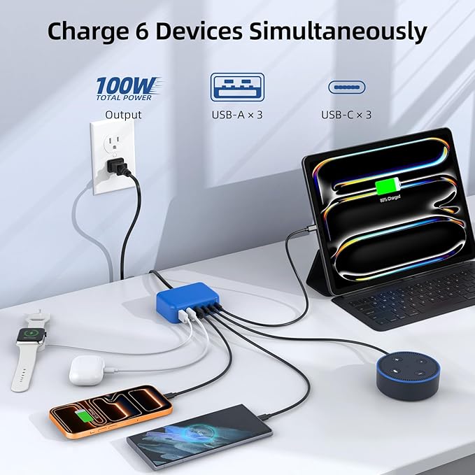 6 in 1 USB Charger, 50% Smaller Charging Station for Multiple Devices, 100W Fast Charging Blocks with Type C Ports, USB Charging Hub Organizer Multiport Power Strip for iPhone, Ipad, Kindle, Travel