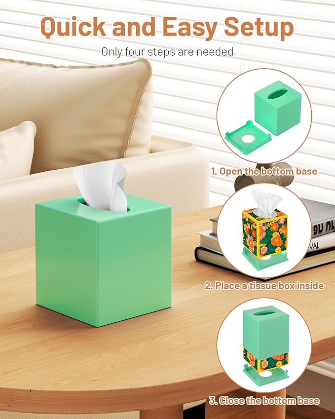 Tissue Box Cover, Square Plastic Tissue Box Holder with Anti Slip Base, Modern Decor Facial Napkin Holder for Bathroom Vanity Countertop, Bedroom Dresser, Night Stand, Parlors, Offices, Green