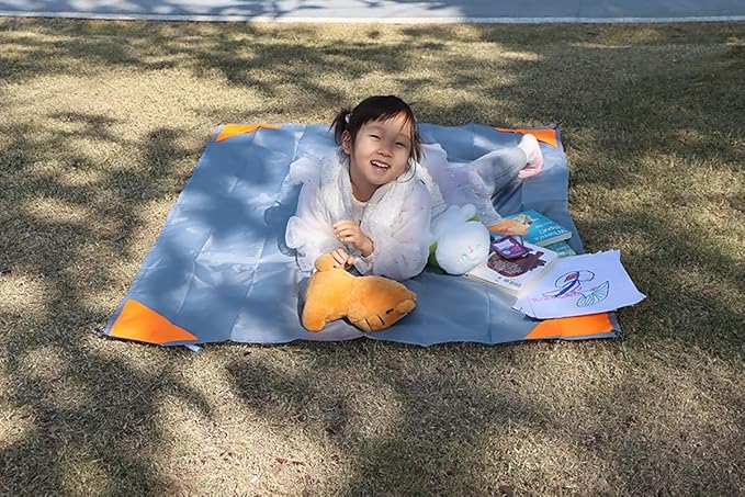 Orga'Neat Pocket Picnic Blanket, Beach Mat Waterproof Sandproof, Compact Lightweight Small Tarp for Camping, Hiking, Backpacking, Festival, Travel, Foldable in Bags (Grey/Orange, 55"x39")
