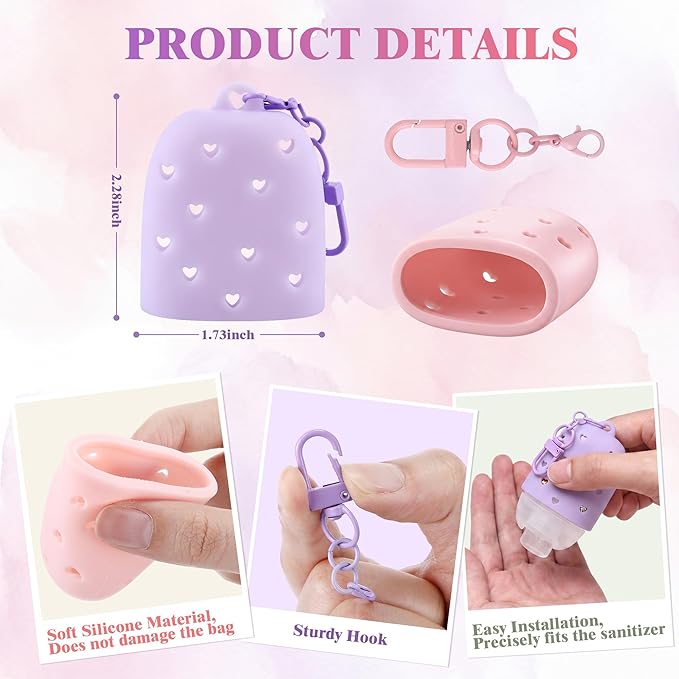 Meonum 2 Pack Cute & Stylish Hand Sanitizer Holders, Compatible with Bath & Body Works PocketBac, Pink & Purple Hollow Heart Design, Easy Clip-On Keychain for Bags, Snug Fit Won't Fall Off