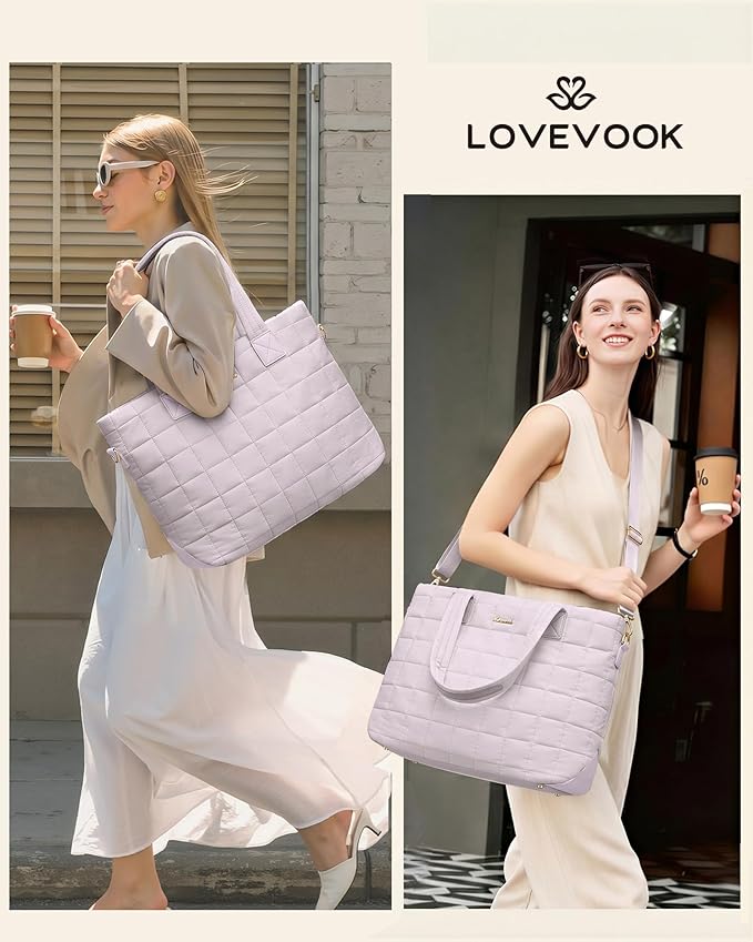 LOVEVOOK Laptop Tote Bag for Women, 15.6 Inch Large Puffer Work Computer Tote Bags for Teacher Nurse, Quilted Women's Purse Tote Shoulder Handbags with Zipper for Travel College Office, Light Purple