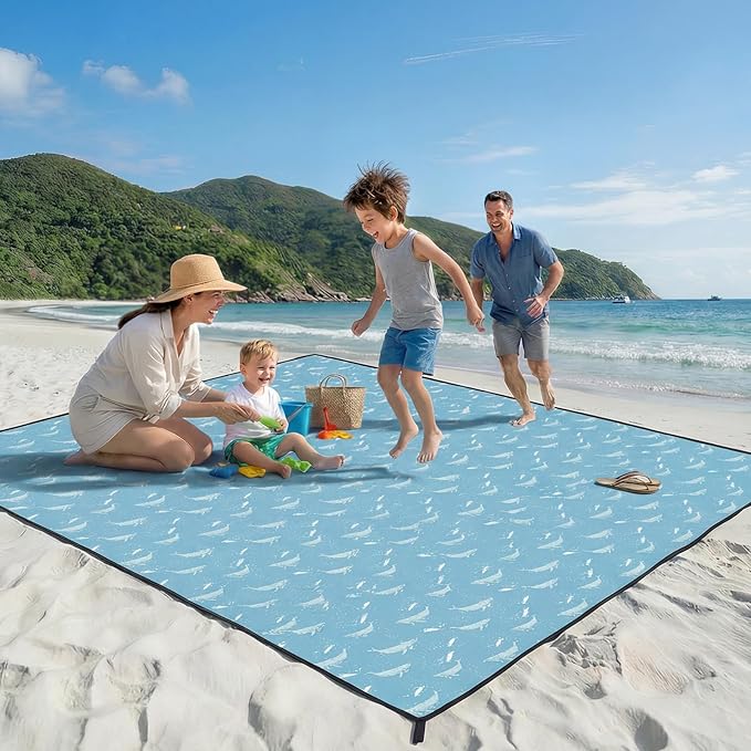 OIGAE 7x7ft Sandproof Beach Blanket - Large Waterproof Picnic Mat for 3-4 People, Lightweight Sand Free Mat for Summer Vacation with 6 Stakes & 4 Corner Pockets for Beach, Camping, Festivals