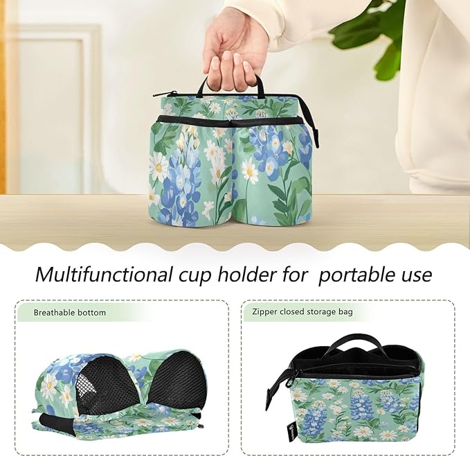 Luggage Cup Holder for Suitcases Free Hands Suitcase Cup Holder Travel Luggage Drink Holder Portable Luggage Cup Caddy Bag Carrier with Handle Mint Green Bluebonnet and Daisies