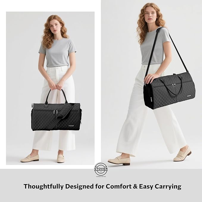 STOVER Women’s Convertible Garment Duffel Bag for Travel – 2-in-1 Carry-On Weekender/Overnight Tote - Wrinkle-Free Dresses, Suits & Clothes + Shoe Compartment & Bonus Toiletry Bag (Onyx Black)