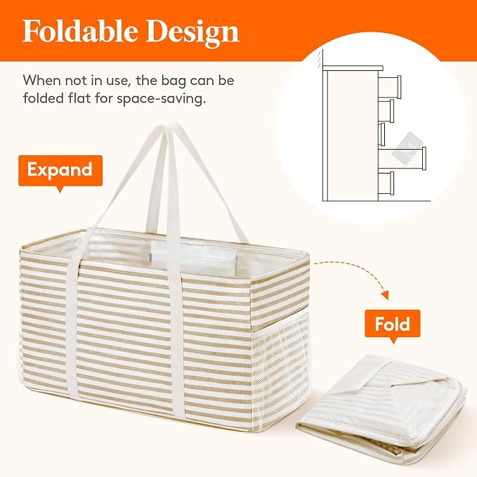 Lifewit 3 Pack Extra Large Tote Bag, Reusable Grocery Bags with Metal Wire Frame and Handles, Standing Utility Foldable Shopping Bags for Storage, Picnics, Beach, Pool, Laundry, Car, Camping, Beige