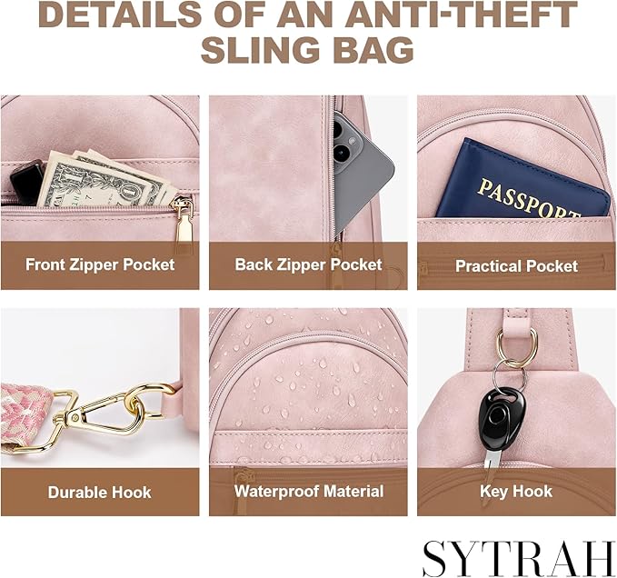 SYTRAH Anti Theft Crossbody Bags for Women, RFID Sling Bag Travel Purse, RFID Cross Body Purses Chest Bag for Travel Pink