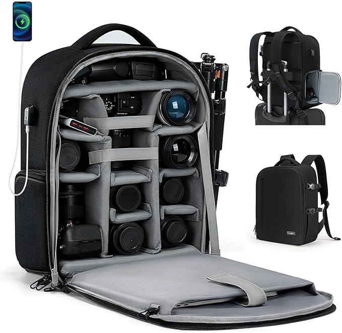 Cwatcun DSLR Camera Backpack，Large DSLR Camera Bag with 17" Laptop Compartment, Waterproof & Tripod Ready