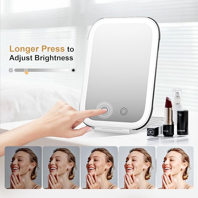 FUNTOUCH Rechargeable Travel Makeup Mirror with Lights, Light up Portable Vanity Mirror with 80 LEDs,2000mAh Battery,Brightness Adjustable,3 Lighting, Dimming Compact Mirror