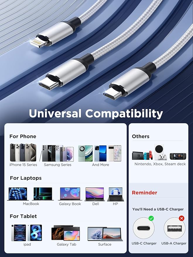 Aioneus Multi Charging Cable, (3Pack 4FT) Multi USB Charger Cable 3 in 1 Universal Nylon Multiple Charging Cord with Type-C/Micro USB Connectors for Most Phones & Tablets
