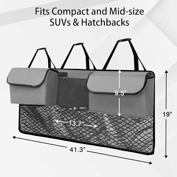 Deluxe Trunk Organizer for Car Small SUV, Backseat Hanging Trunk Organizer, Waterproof Collapsible Car Storage Bag with 6 Pockets, Reinforced No-Sag Design (Grey, Compact & Mid Size SUV)