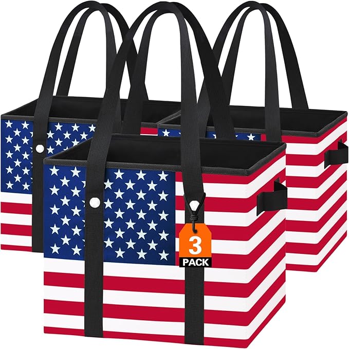 Patriotic Bags - Heavy Duty Reusable Grocery Bags with Hard Bottom & Long Handles, Foldable Reusable Shopping Bags with Box Shape to Stand Up, 3 Pack, Patriotic