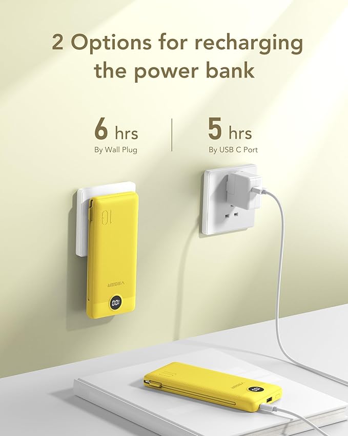 VEGER Portable Charger Power Bank with Built-in AC Plug and Cables, All in One 10000mAh Ultra Slim Travel Essentials, Fast Charging Battery Pack Compatible with iPhone, Samsung, Android, Yellow