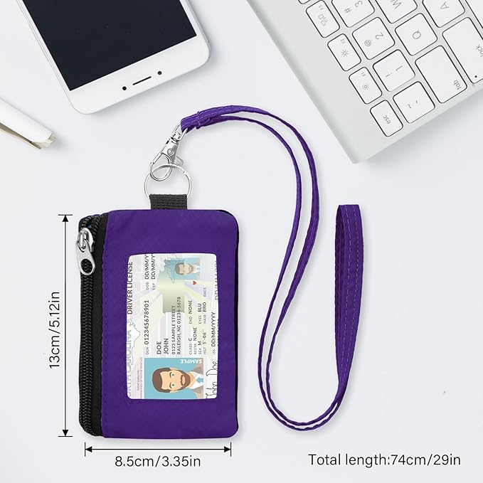 Minimalist RFID Wallet with Lanyard, Multi-functional ID Case with 2 Zipper Pockets and Key Chain for Men and Women, Tactical Badge Pouch Cards Holder, Coin Purse for Travel Sports - Purple&Rose