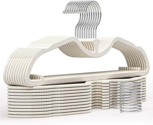 20 Pack Short Neck Hangers - Lifts Clothes 3" Higher to Prevent Dragging, Upgraded Liquid Silicone Non-Slip Hangers, Lint-Free Alternative to Velvet Hangers, Closet Organization, Cream