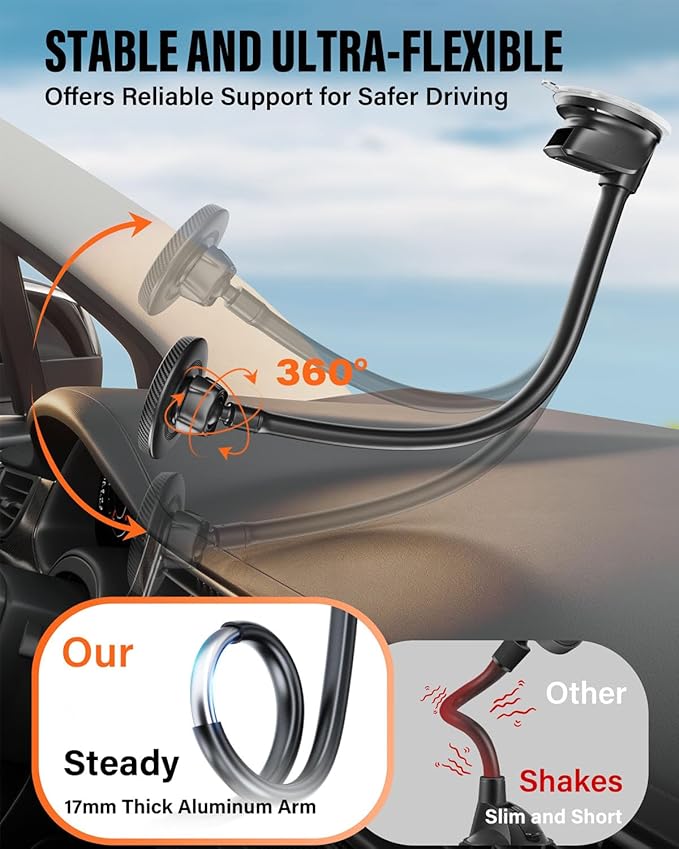 APPS2Car for MagSafe Car Mount for Dad, Magnetic Phone Holder for Car Upgraded 14-Inch Long Arm Suction Cup, Windshield Phone Mount fits iPhone 17 Pro Max Plus 16 15 14 13 12 Mini