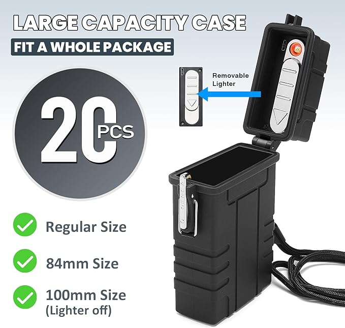 Waterproof Case with USB Rechargeable Electric Lighter, Airtight Holder Case for Whole Package 20pcs 84mm Size, Match Seal Storage Dry Box, EDC Survival Container for Fishing Kit, Camping