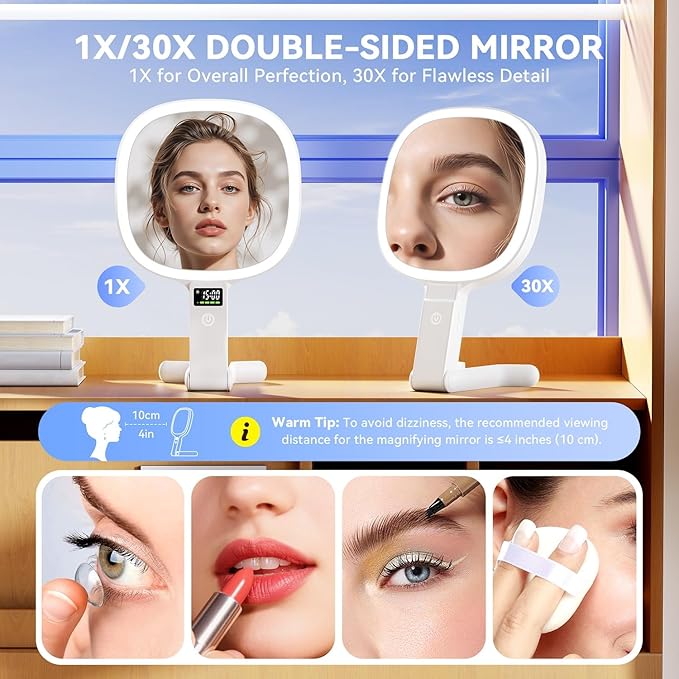 Auxmir 30X/1X Travel Makeup Mirror with Lights, Rechargeable Lighted Magnifying Mirror with LED Display, 3 Color Dimmable Vanity Mirror, Foldable Portable Mirror for Tabletop/Handheld/Hanging, White