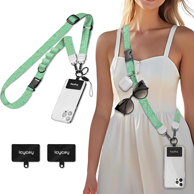 Icycay Phone Lanyard Crossbody, Green Tropical Leaves Cell Phone Strap for Around The Neck Adjustable, Teacher Anti Theft Cute Lanyard for ID Holder Keys Accessories Travel Essential