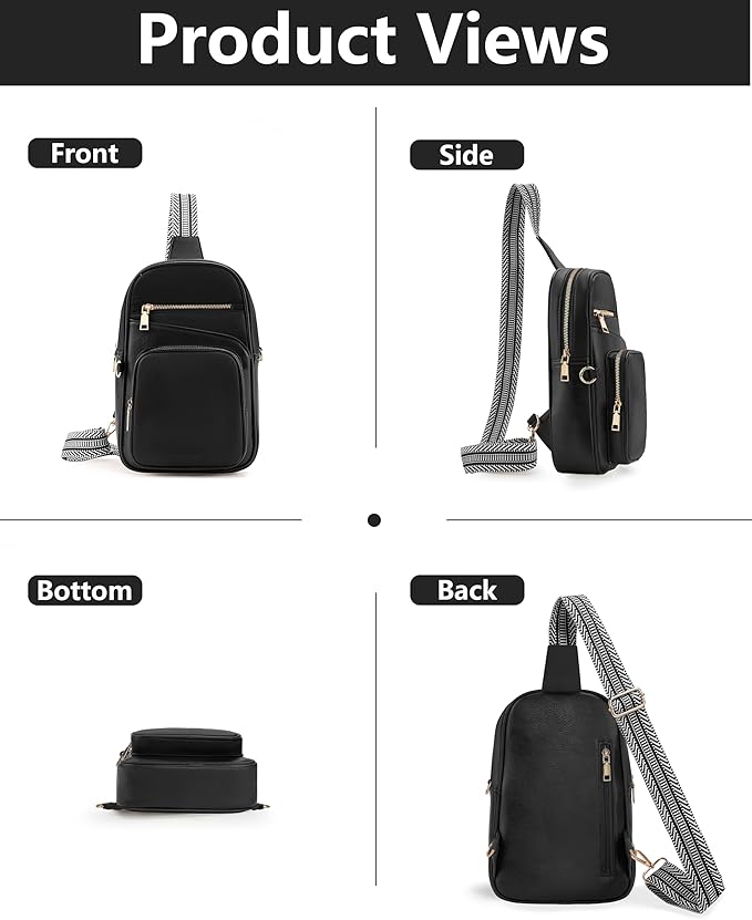 Anti Theft Crossbody Bags for Women,RFID Sling Bag Travel Purse,Vegan Leather Cross Body Purses Chest Bag for Travel(Pure Black)