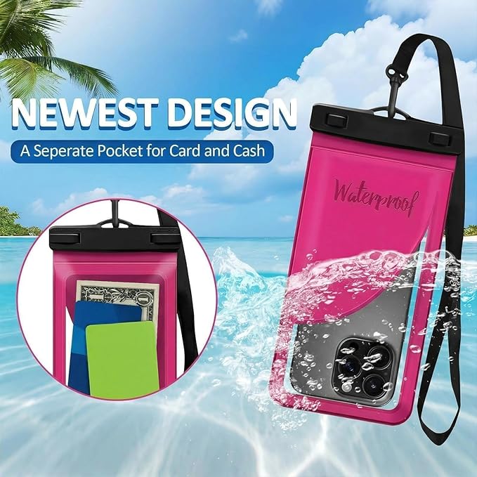 Waterproof Phone Case, with Inside Card Bag, Waterproof Phone Pouch for iPhone, Cell Phone Dry Bag for Cruise Travel Vacation Accessories Large Phone Holder, Transparent Black + Rose Red, 2Pcs