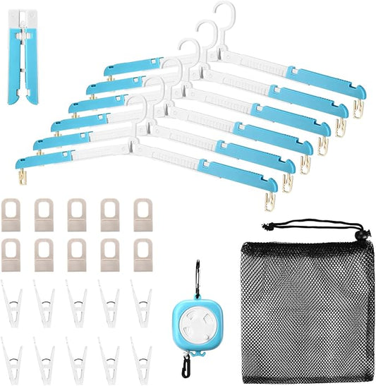 6 Pack Fodable Travel Hangers with Clips & Adjustable Clothesline, Portable Collapsible Hangers with Storage Bag for Suitcase, Hotel, RV, Cruise Essentials Set (Blue)