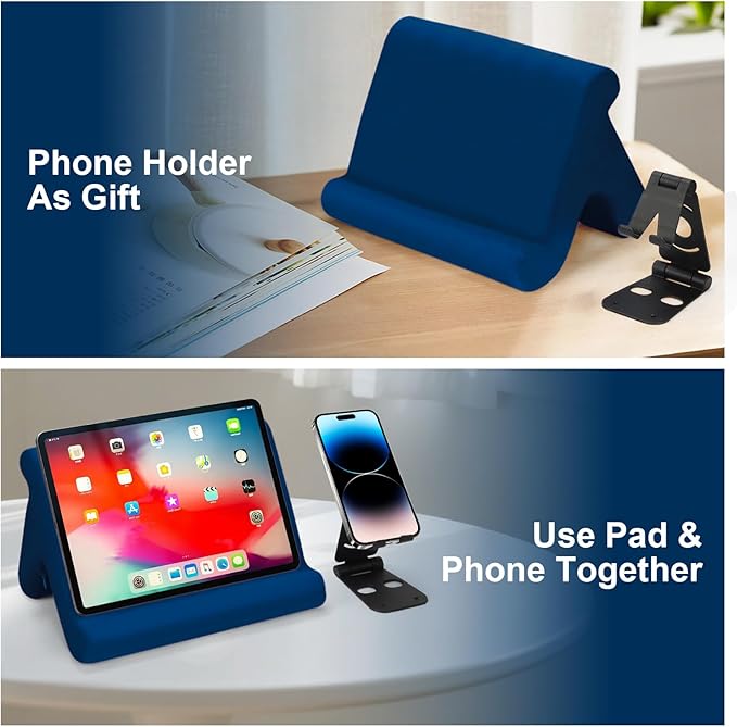 Universal Multi-Angle Tablet Stand Holder-Soft Pad Stand with black phone holder for Lap,Knee,Sofa and Bed,Compatible with iPad Pro 9.7,10.5,12.9 Air Mini 4 3,Kindle,Galaxy Tab,E-Reader (Navy Blue)