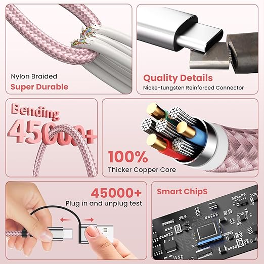 Travel Cruise Essentials,3 in 2 Multi Charging Cable for iWatch Charger/IP/USB C,Pink 2-Pack 5FT Braided USB A/C Cable Designed for Multiple Devices,Car Accessories for iWatch Ultra/SE & iPhone 17-11