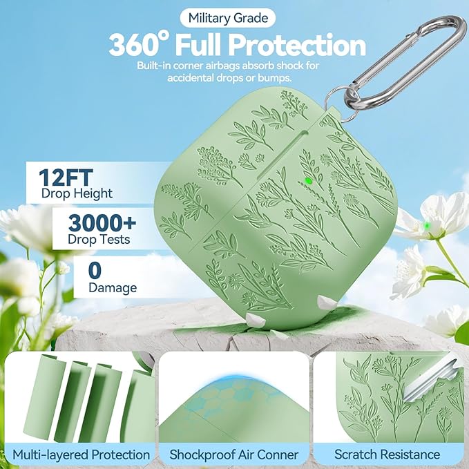 Flower Engraved Case for Apple AirPods Pro 2 Gen with Clean Kit,Soft Silicone Protective Case Cover for AirPod Pro 2nd/1st Generation Keychain,Lanyard,3 Pair Ear Tips,Front LED Visible,Pistachio Green