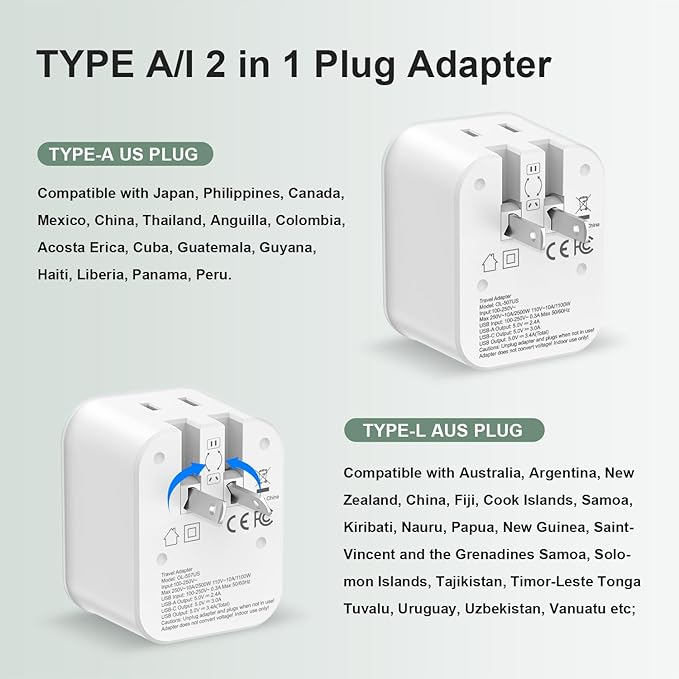 Australia Travel Plug Adapter, Foldable Power Adapter with 4 USB(2 USB C Port) and 2 Outlets Charger, 2 in 1 Type A/I Travel Adapter for US to Japan Canada Mexico Australian AU Argentina Fiji