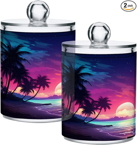 2 Pack Qtip Holder Organizer Dispenser Palm Tree Beach Tropical Bathroom Storage Canister Cotton Ball Holder Container for Cotton Pads/Swabs/Floss