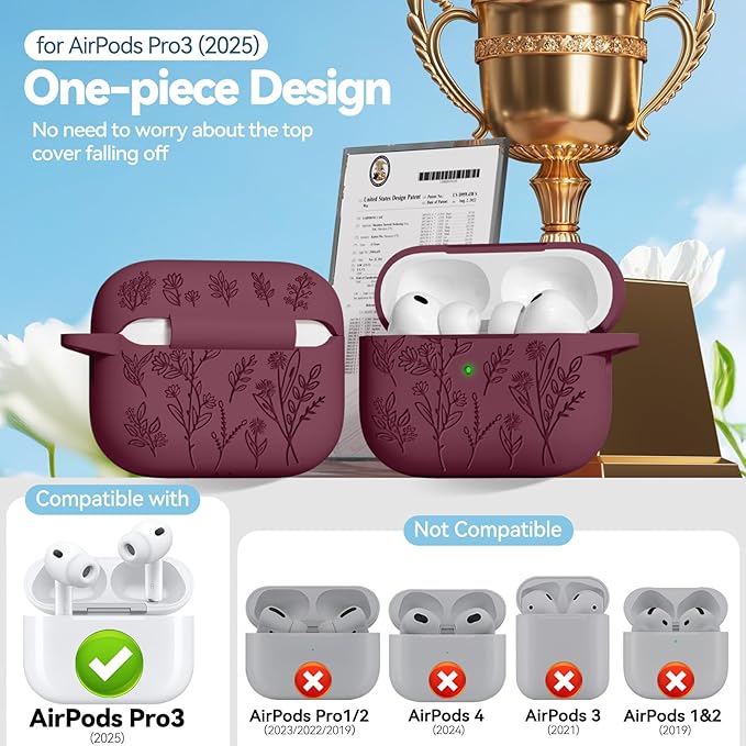 for Airpods Pro 3 Case, Flower Engraved Cases for Apple AirPods Pro 3rd Generation 2025, Soft Silicone Cover for Men Women Girly with Cleaning Kit & Keychain, Anti-Scratch, Shockproof