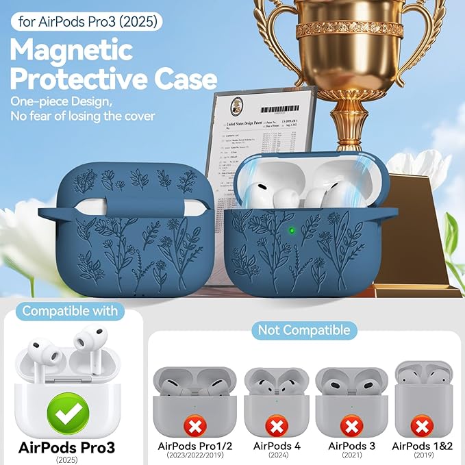 for Airpods Pro 3 Case with Magnetic Lid, Flower Engraved Cases for Apple AirPods Pro 3rd Generation 2025, Soft Silicone Cover for Women Girly with Cleaner & Keychain, Shockproof