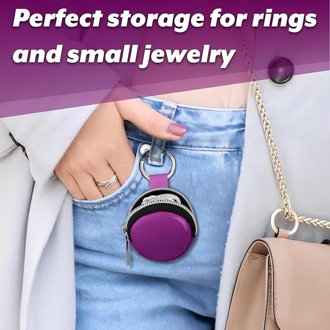 Portable Ring Organizer Case with Keychain, Traveling Ring Holder Storage Bag, Anti-Lost Keychain Container for Rings, Jewelry (1, Purple)