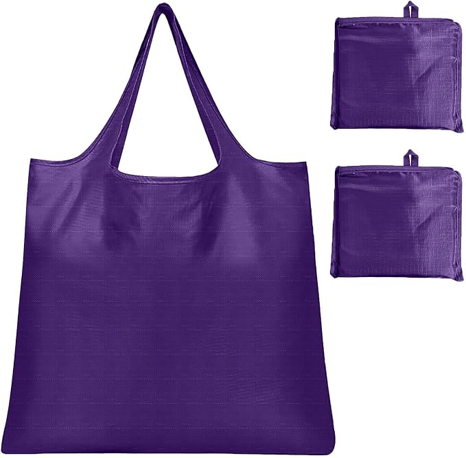 Washable Large Foldable Shopping Bag, Waterproof Reusable Grocery Bag Holder,for Shopping Reusable Tote Bags Large 50LBS,Tote Bags Nylon Bags(Purple+Purple)