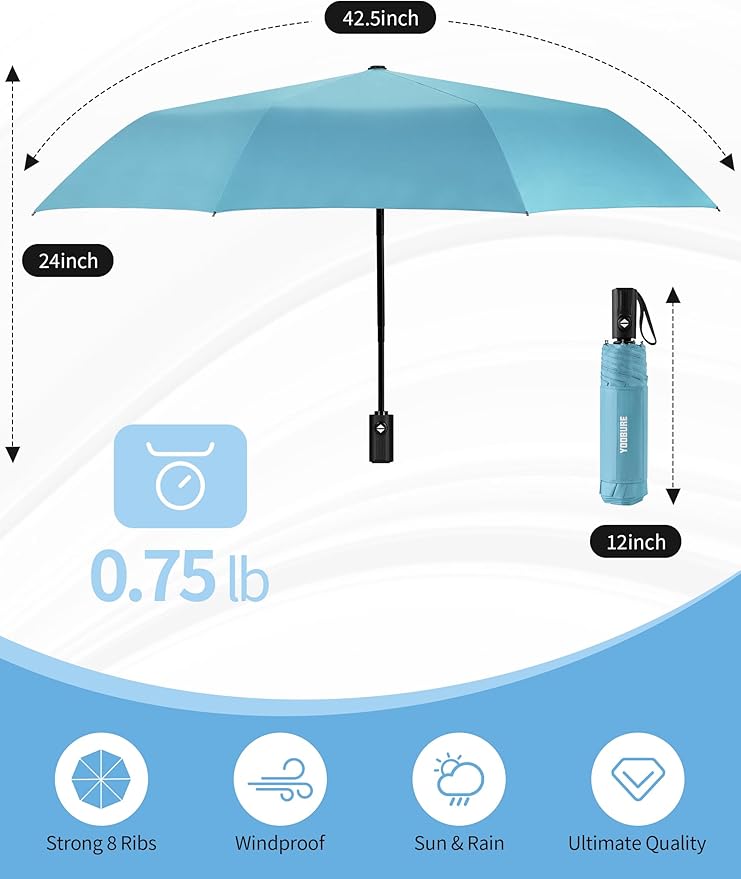 Yoobure Compact Travel Umbrella - Windproof Umbrellas for Rain, Small Portable UV Umbrella for Sun Protection, Folding Automatic Umbrellas in Lightweight for Car, Backpack, Walking, Kids, Women
