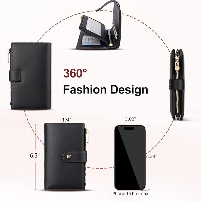 yiijay Wallet Women RFID Blocking Leather Trifold Clutch Wallet Credit Card Holder Ladies Travel Wallet Purse with Pen Holder