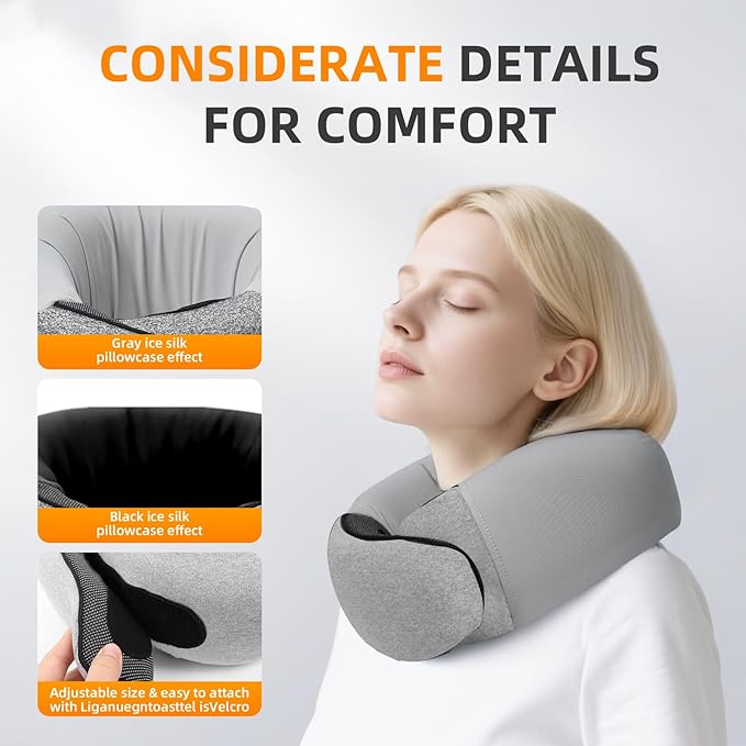 Travel Neck Pillows for Airplanes, Premium 100% Memory Foam Neck Pillow with Alternative Skin-Friendly Silk Cover - Upgrade Liner Enables Easy Pillowcase Cleaning, Travel Pillow Fits Plane, Car, Train