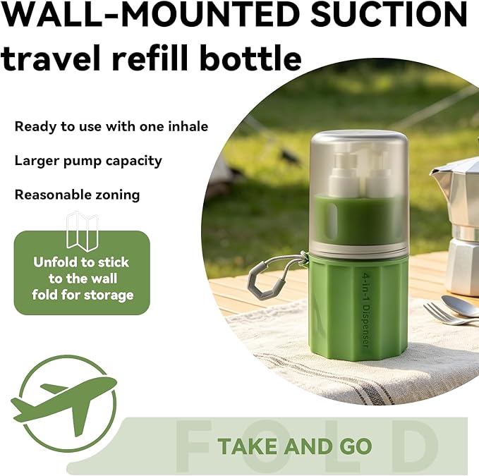 4 in 1 Travel Dispenser，Unbreakable Silicone Travel Dispenser Bottle, Vacuum Suction Wall Mounted Refillable Containers,Leakproof Toiletry Containers for Shampoo, Lotion, Baby Care-Green.