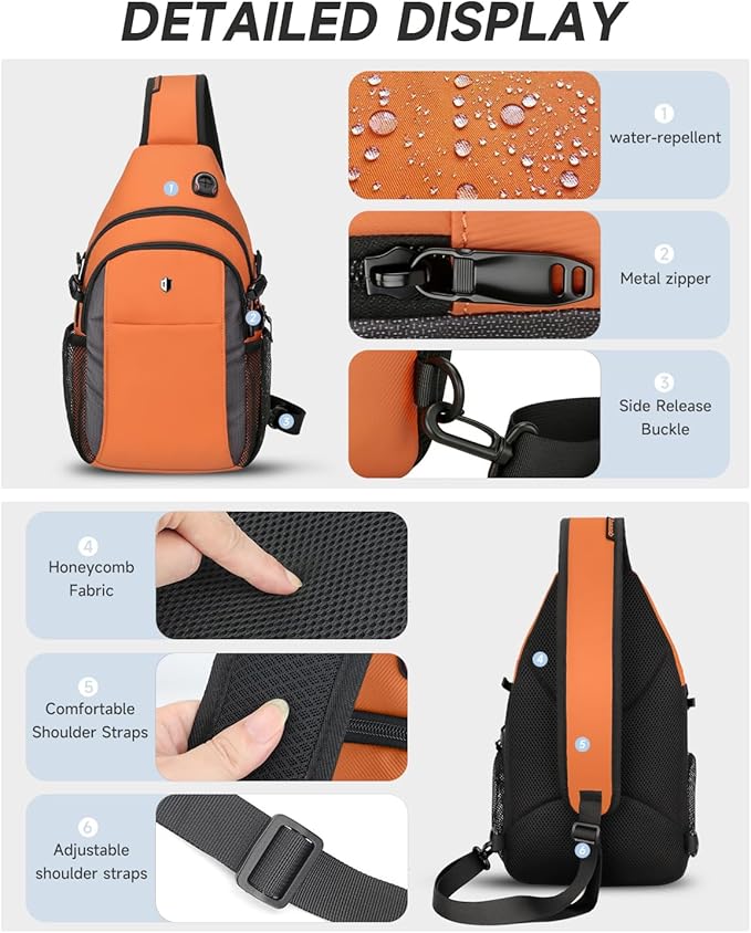 Anti-Theft Sling Bag for Men & Women, Water Resistant Crossbody Backpack, Travel Hiking Chest Pack Fits 11 inch iPad & Switch 2, Orange with Side Pocket