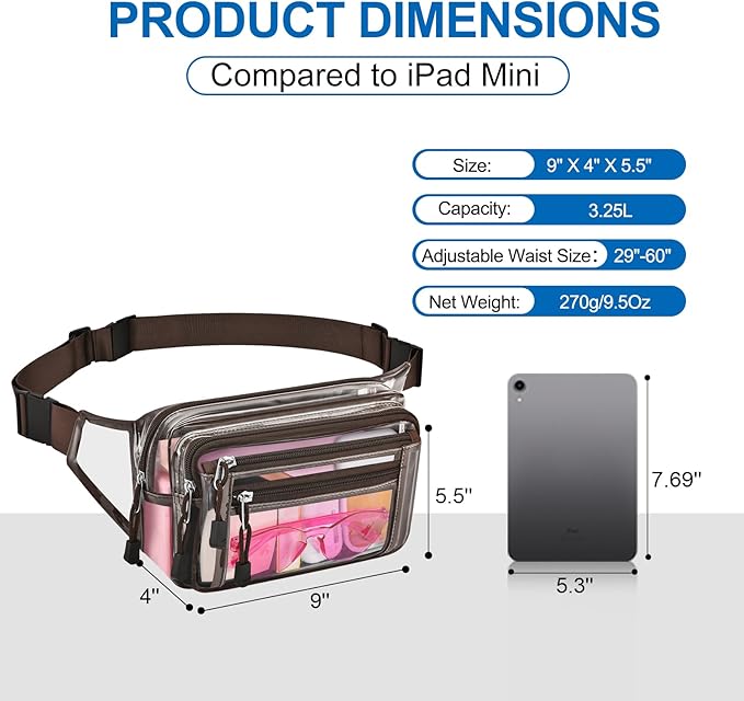 Clear Bag Stadium Approved Clear Fanny Pack for Women for Work,Multi-purpose Waist Bag for Travel & Sporting Event