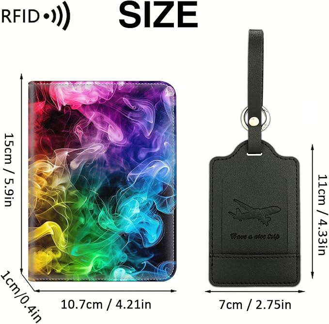 Passport Wallet, Passport Holder with RFID Blocking and Luggage Tag, Waterproof PU Leather Travel Documents Organizer Case, Passport Covers with Card Slot for Women & Men, Rainbow Smoke Passport Book